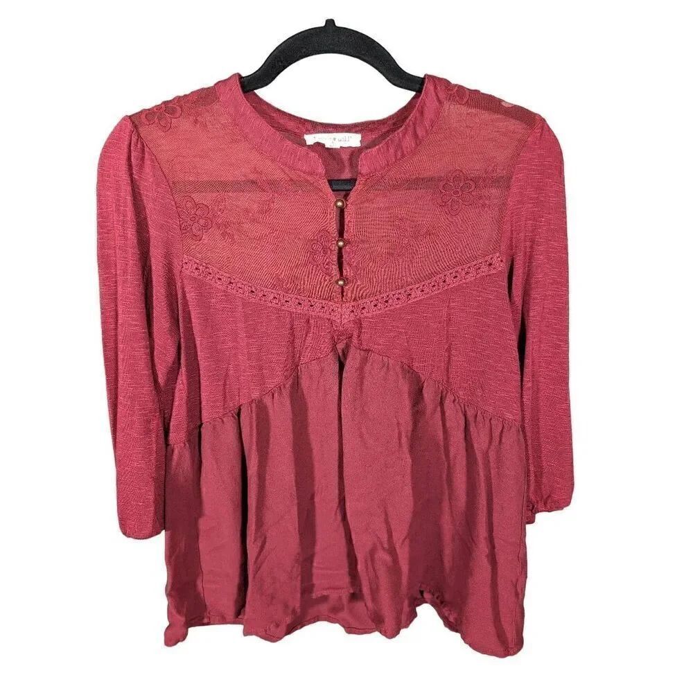 Living Doll Tunic Burgundy Lace Semi Sheer Neck W/Button Closure Front 3/4 Sleev